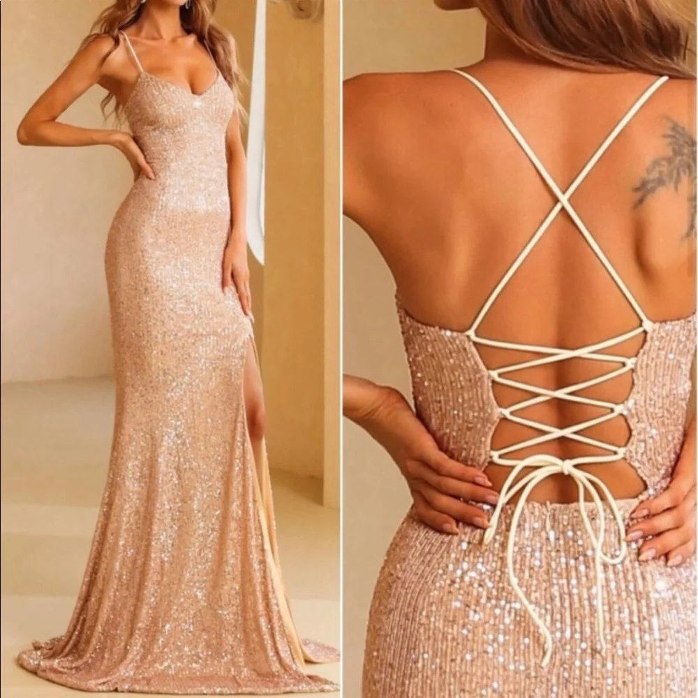 Luxe sequins slit thigh formal party evening wedding prom Laceup dress CHAMPAGNE - Picture 3 of 6